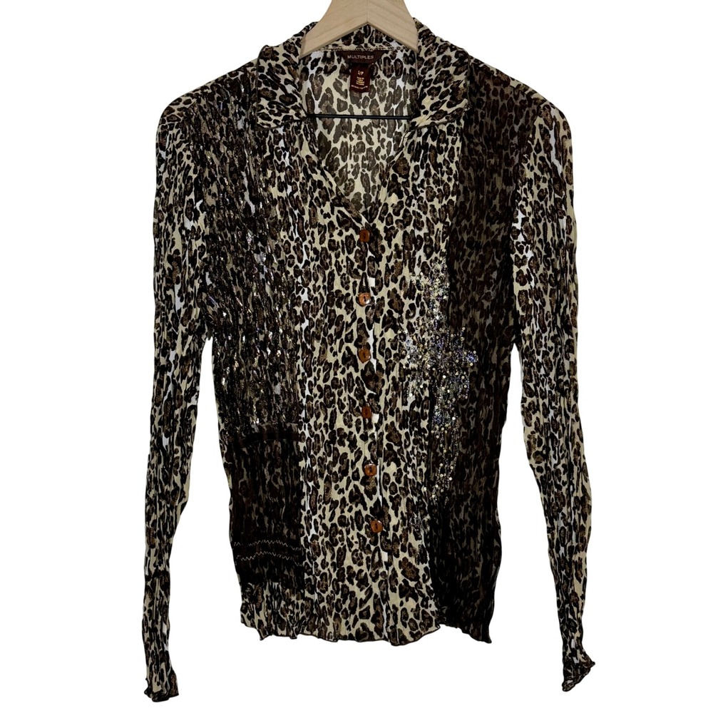 Multiples Women Leopard Print Button Up Shirt Size S Brown Sequin Pleated Blouse - Picture 1 of 9